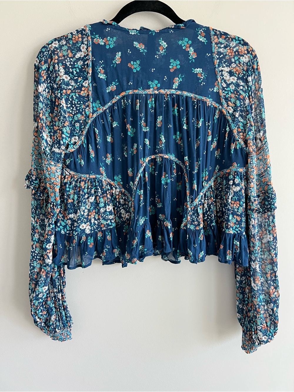 By Anthropologie teal mixed floral print sheer cropped babydoll top size small - Picture 7 of 9